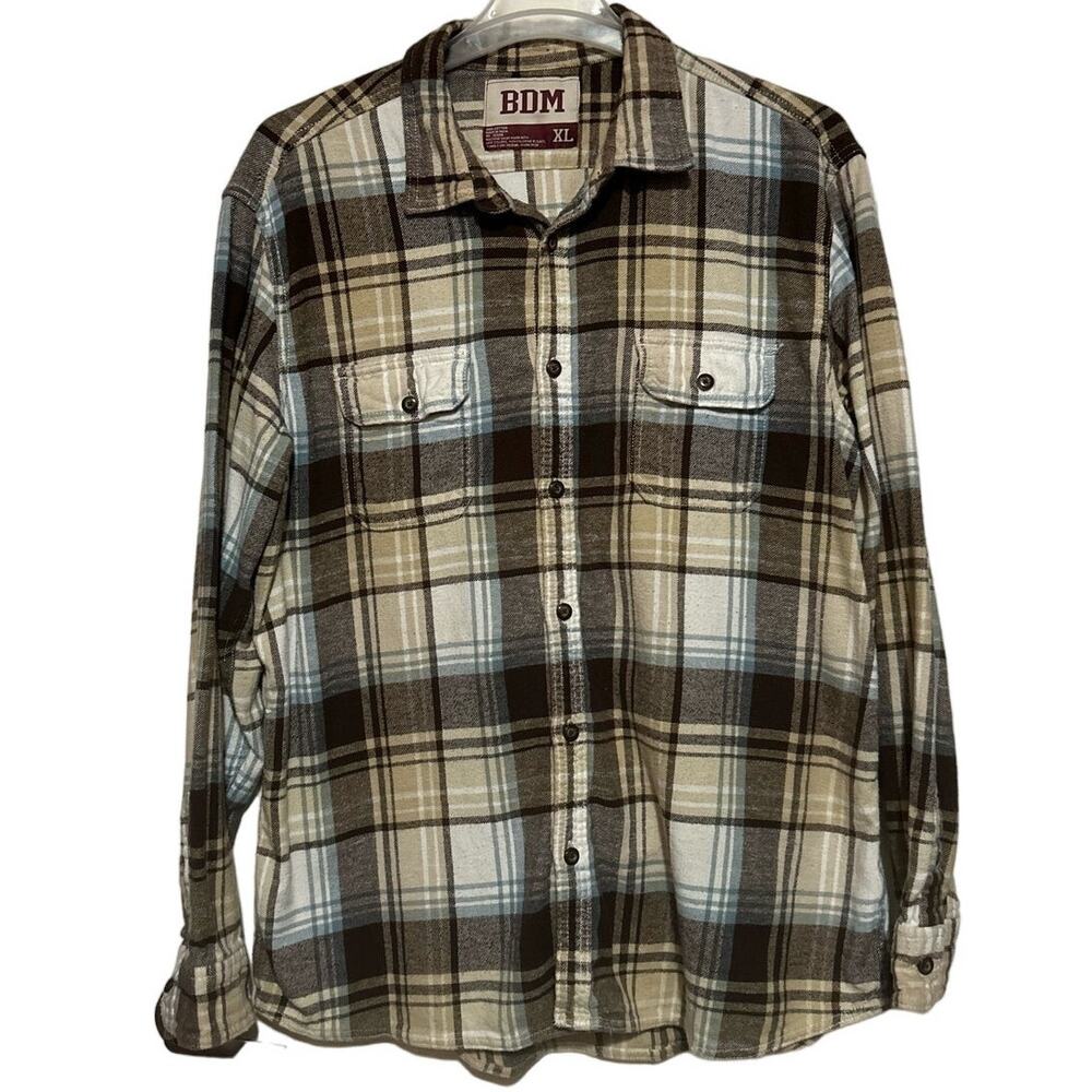 BDM Men's Brown Blue‎ Cream Long Sleeve Button Front Flannel Shirt Size XL